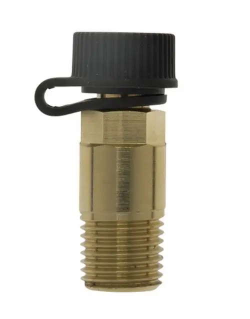 Messnippel aus Messing mit schwarzem Deckel, verwendet für Wasser- und Heizungsinstallationen, hergestellt von IMI Hydronic Engineering.